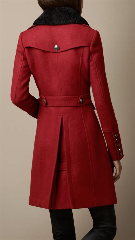 burberry brit detachable shearling collar pea coat in damson red|burberry cashmere jacket.